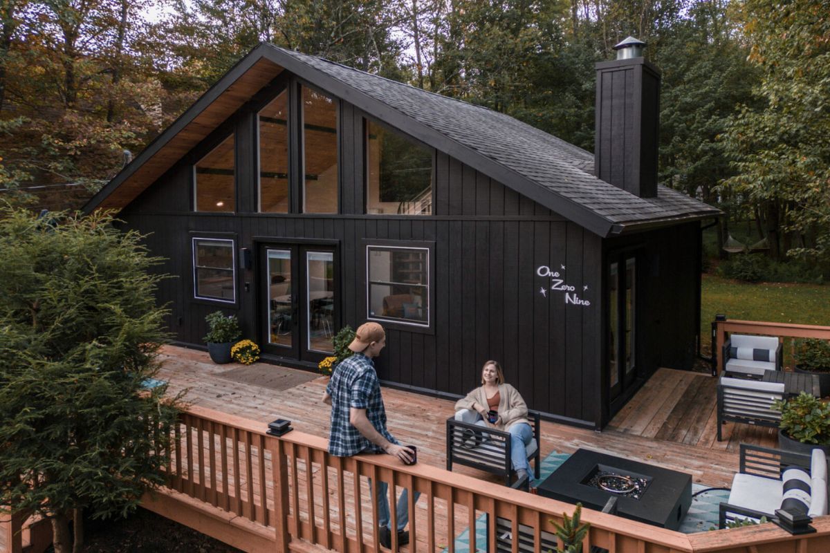 couple drinking coffee in outdoor deck