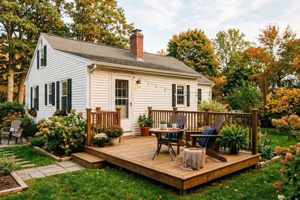 Small pressure-treated wood backyard deck with Adirondack chairs, potted plants, and outdoor seating behind a traditional white Massachusetts home surrounded by landscaped gardens and colorful fall foliage.