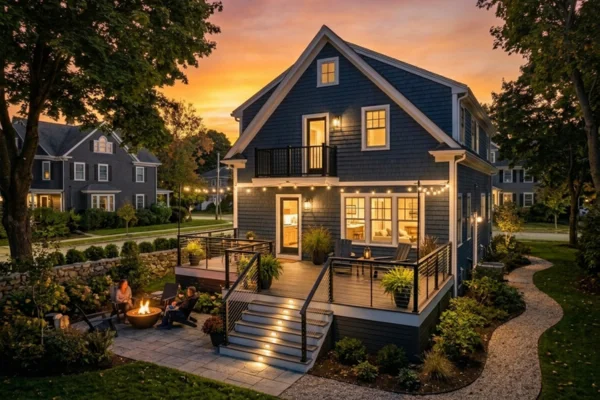 New England home with modern multi-level deck, integrated stair lighting, cable railings, and outdoor fire pit at sunset