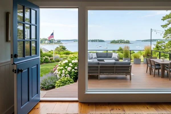 Coastal home with a wood deck and outdoor seating visible through an open doorway.